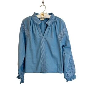 Julia Amory Embroidered Coatue Blouse Top Size S Blue Romantic Cottagecore